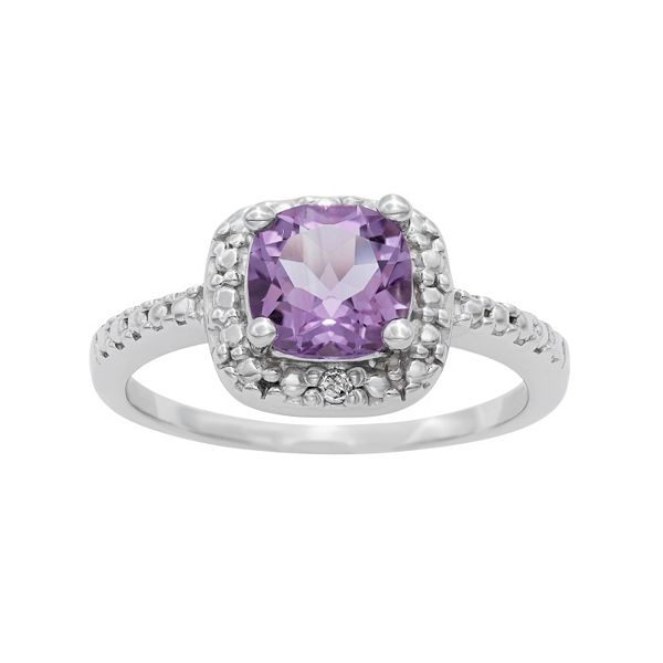 Sterling Silver Amethyst and Diamond Accent Square Halo Ring