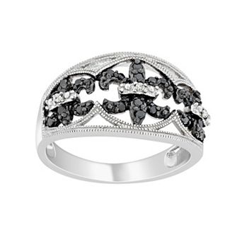 Stella Grace Sterling Silver 1/4 ct T.W. Black and White Diamond Fleur-de-Lis Ring