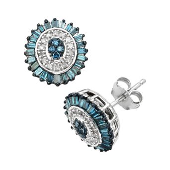 Jewelexcess Sterling Silver 1/2 ct T.W. Blue and White Diamond Halo Stud Earrings