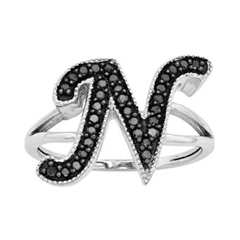 Jewelexcess Sterling Silver 1/4 ct T.W. Black Diamond Initial Ring