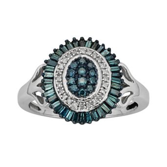 Jewelexcess Sterling Silver 1/2 ct T.W. Blue and White Diamond Halo Ring