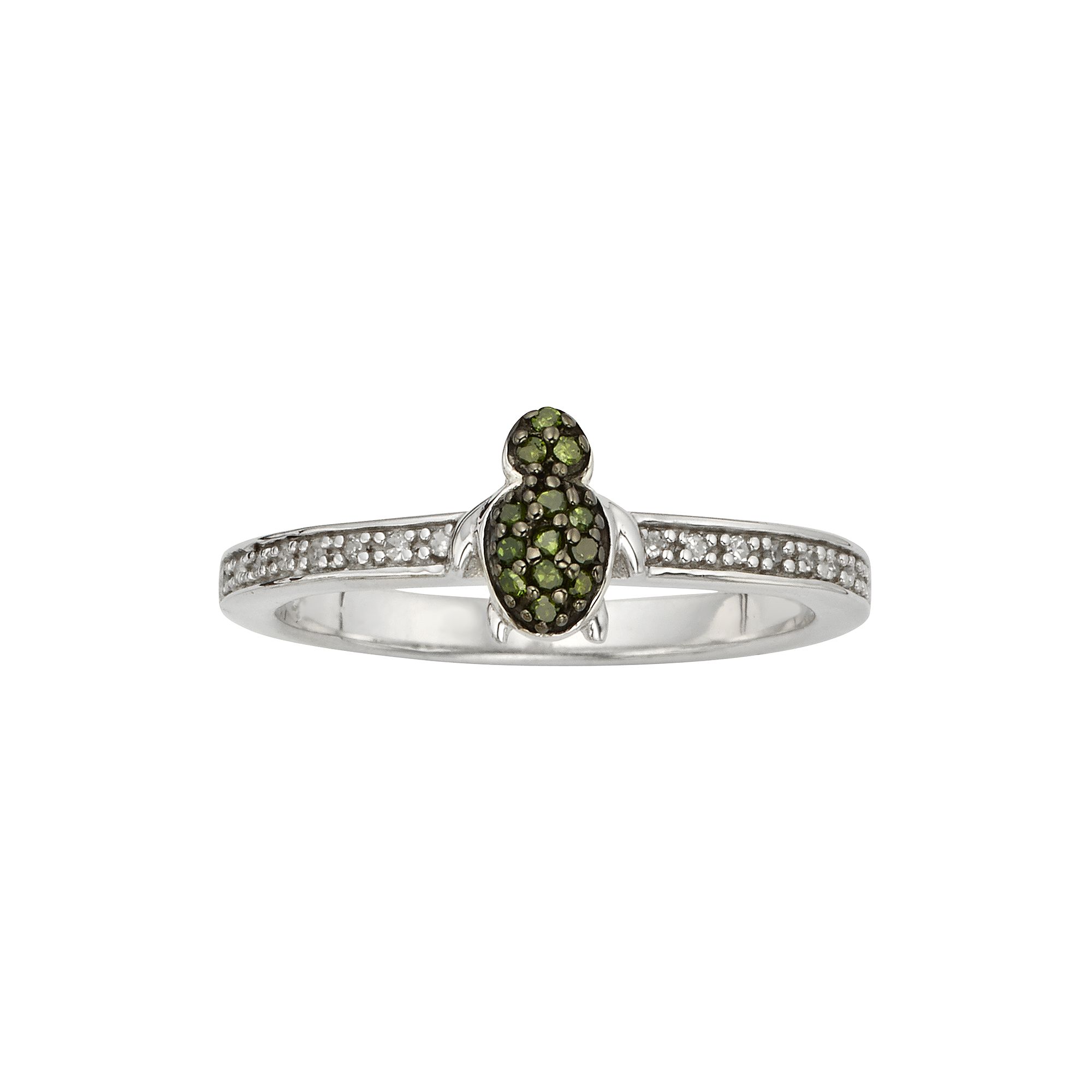 Jewelexcess Sterling Silver 1/7-ct. T.W. Green and White Diamond Turtle Rin