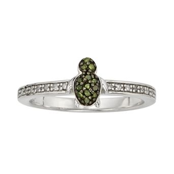 Jewelexcess Sterling Silver 1/7 ct T.W. Green and White Diamond Turtle Ring