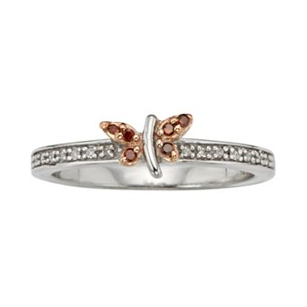 Jewelexcess Sterling Silver 1/10 ct T.W. Red and White Diamond Butterfly Ring