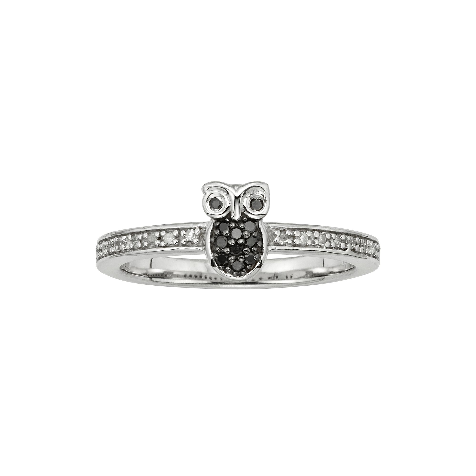 Jewelexcess Sterling Silver 1/10-ct. T.W. Black and White Diamond Owl Ring,