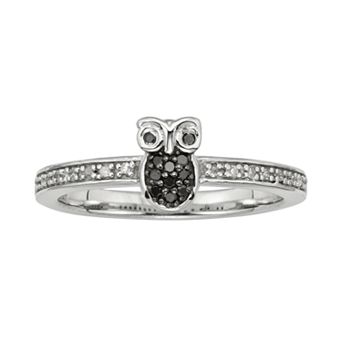 Jewelexcess Sterling Silver 1/10 ct T.W. Black and White Diamond Owl Ring