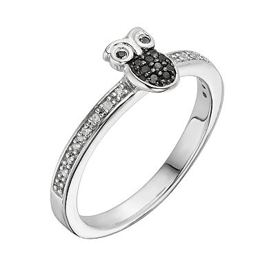 Jewelexcess Sterling Silver 1/10-ct. T.W. Black and White Diamond Owl Ring