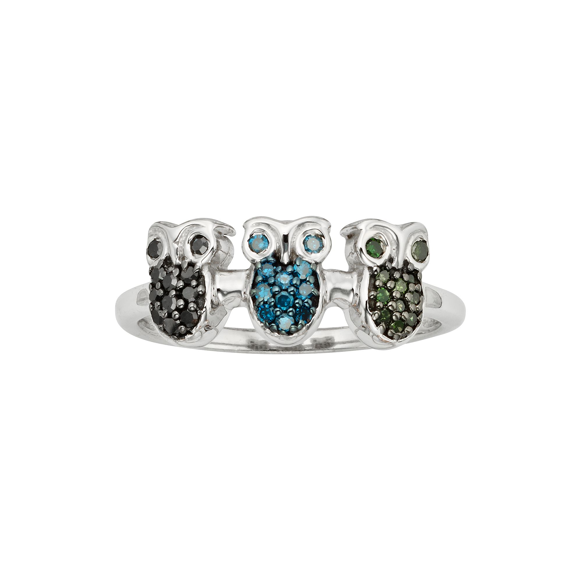Jewelexcess Sterling Silver 1/4-ct. T.W. Green, Blue and Black Diamond Owl 