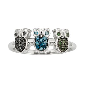 Jewelexcess Sterling Silver 1/4 ct T.W. Green, Blue and Black Diamond Owl Ring