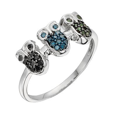 Jewelexcess Sterling Silver 1/4-ct. T.W. Green, Blue and Black Diamond Owl Ring