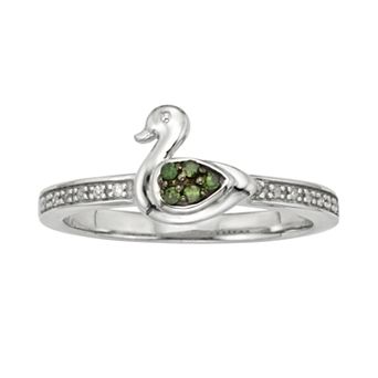 Jewelexcess Sterling Silver 1/10 ct T.W. Green and White Diamond Duck Ring