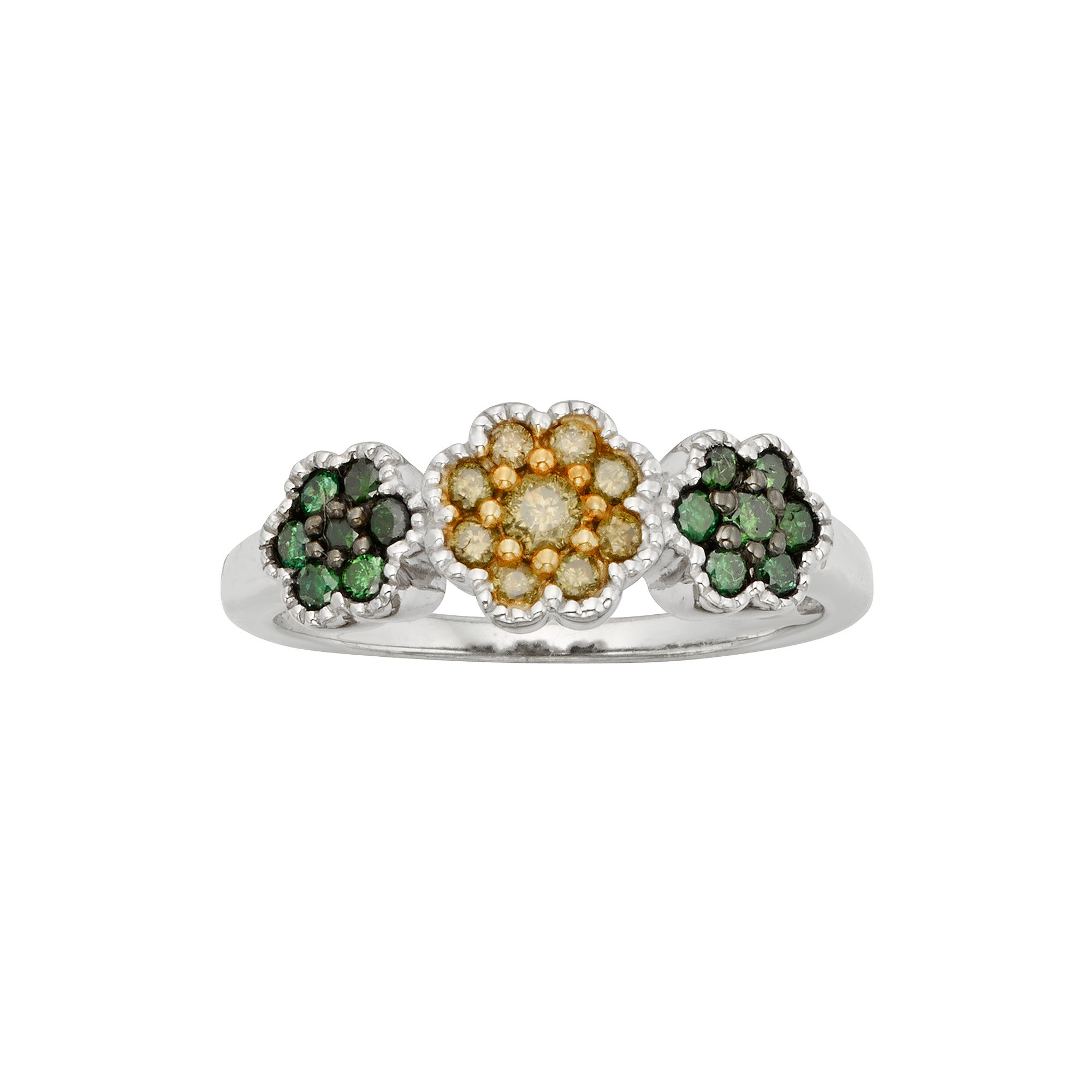 Jewelexcess Sterling Silver 1/2-ct. T.W. Green and Yellow Diamond Flower Ri