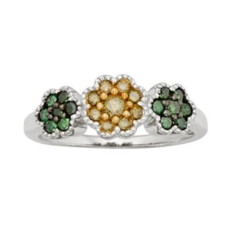 Jewelexcess Sterling Silver 1/2 ct T.W. Green and Yellow Diamond Flower Ring