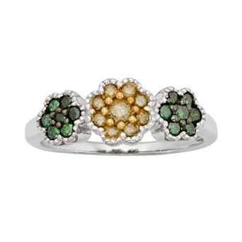 Jewelexcess Sterling Silver 1/2 ct T.W. Green and Yellow Diamond Flower Ring