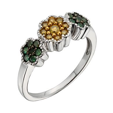Jewelexcess Sterling Silver 1/2-ct. T.W. Green and Yellow Diamond Flower Ring