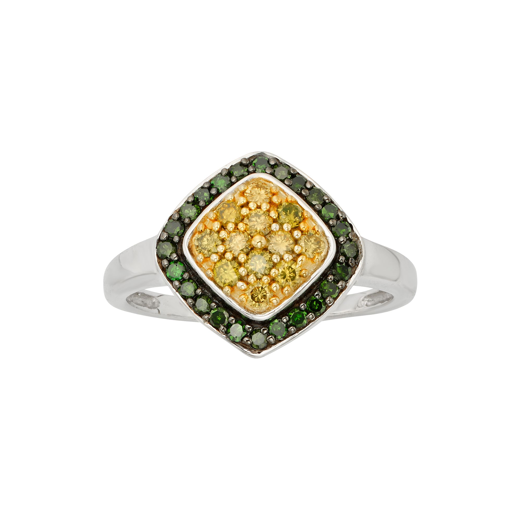 Jewelexcess Sterling Silver 1/2-ct. T.W. Green and Yellow Diamond Halo Ring