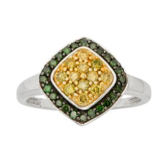 Jewelexcess Sterling Silver 1/2 ct T.W. Green and Yellow Diamond Halo Ring