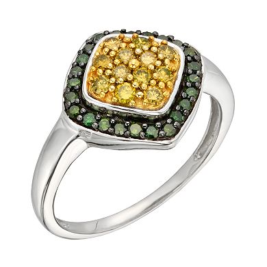 Jewelexcess Sterling Silver 1/2-ct. T.W. Green and Yellow Diamond Halo Ring