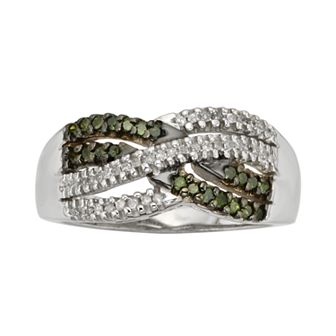 Jewelexcess Sterling Silver 1/3 ct T.W. Green & White Diamond Crisscross Ring