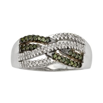 Jewelexcess Sterling Silver 1/3 ct T.W. Green & White Diamond Crisscross Ring