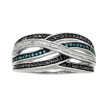 Jewelexcess Sterling Silver 1/4 ct T.W. Blue, Black and White Diamond Crisscross Ring