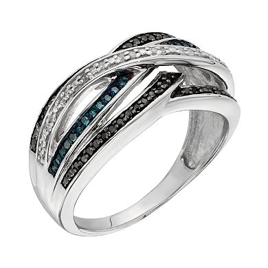 Jewelexcess Sterling Silver 1/4-ct. T.W. Blue, Black and White Diamond Crisscross Ring