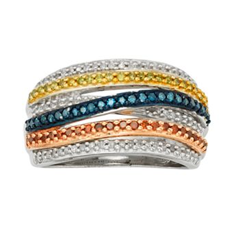 Jewelexcess Sterling Silver 1/2 ct T.W. Blue, Red, Yellow and White Diamond Crisscross Ring