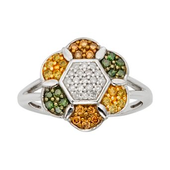 Jewelexcess Sterling Silver 1/2 ct T.W. Green, Yellow, Champagne and White Diamond Flower Ring