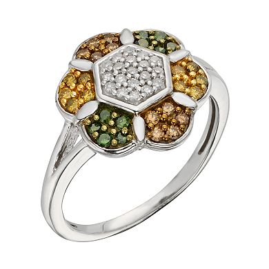 Jewelexcess Sterling Silver 1/2-ct. T.W. Green, Yellow, Champagne and White Diamond Flower Ring