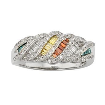 Jewelexcess Sterling Silver 3/4 ct T.W. Green, Red, Yellow and White Diamond Ring