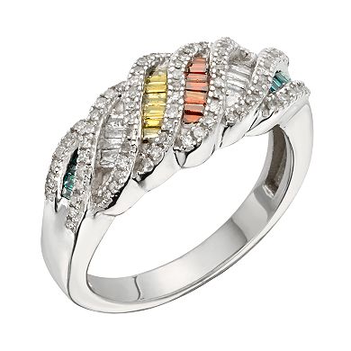 Jewelexcess Sterling Silver 3/4-ct. T.W. Green, Red, Yellow and White Diamond Ring