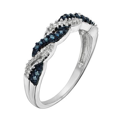 Jewelexcess Sterling Silver 1/10-ct. T.W. Blue Diamond Crisscross Ring