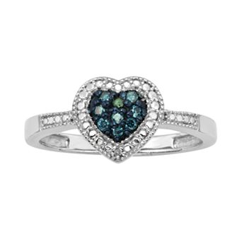 Jewelexcess Sterling Silver 1/10 ct T.W. Blue and White Diamond Heart Ring