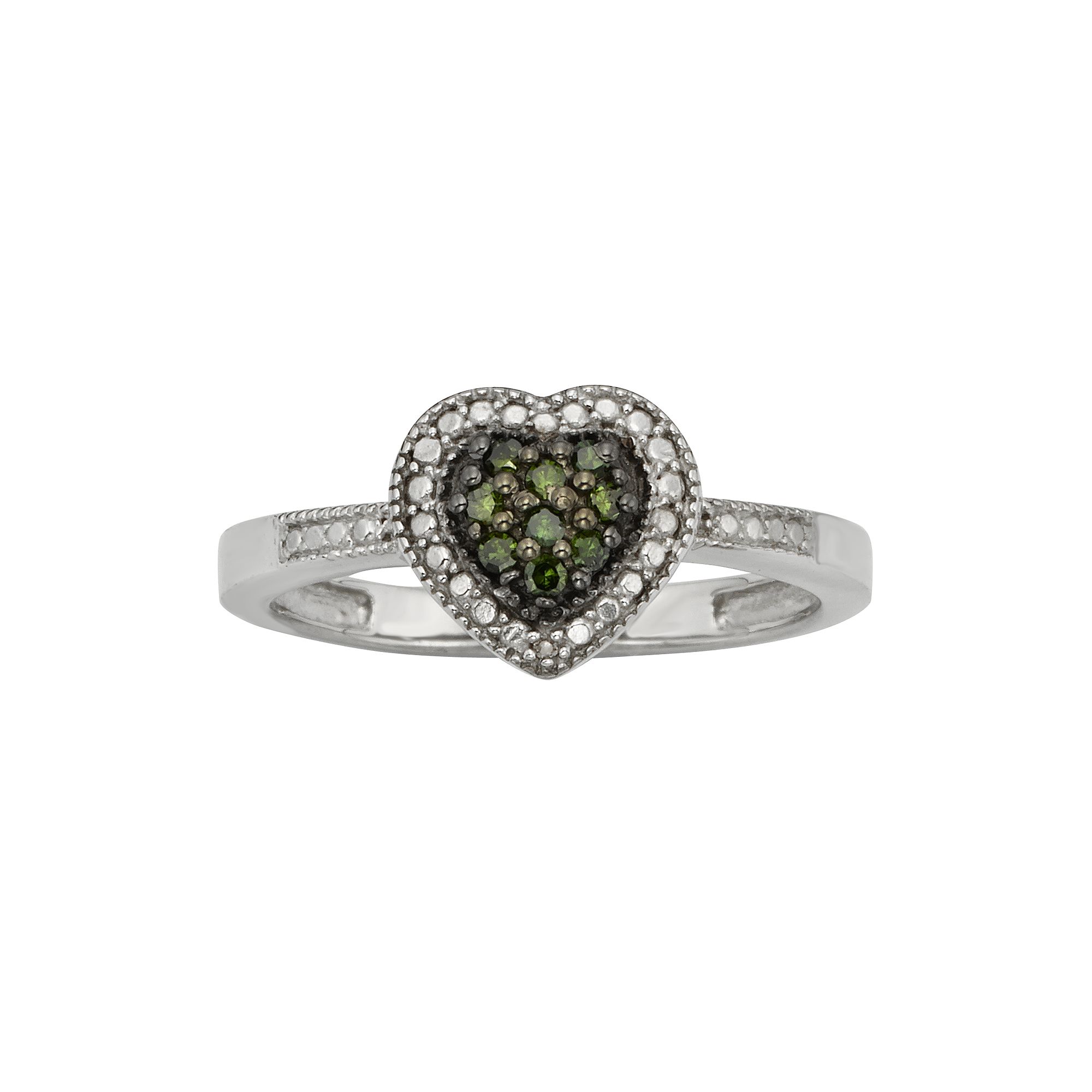 Jewelexcess Sterling Silver 1/10-ct. T.W. Green & White Diamond Heart Ring,