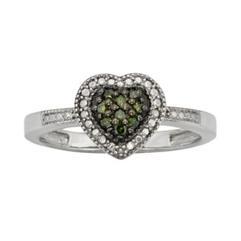 Jewelexcess Sterling Silver 1/10 ct T.W. Green & White Diamond Heart Ring