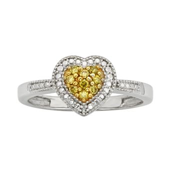 Jewelexcess Sterling Silver 1/10 ct T.W. Yellow and White Diamond Heart Ring