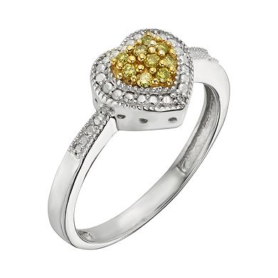 Jewelexcess Sterling Silver 1/10-ct. T.W. Yellow and White Diamond Heart Ring
