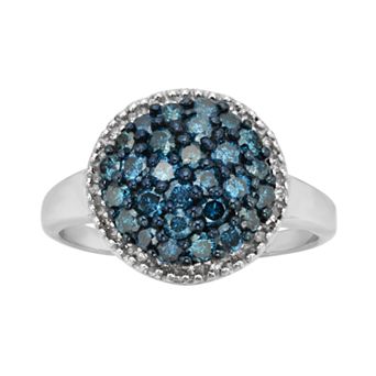 Jewelexcess Sterling Silver 1 ct T.W. Blue and White Diamond Cluster Ring