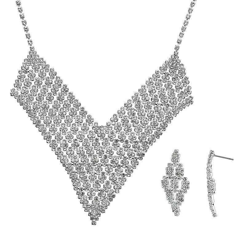 Crystal Allure V Bib Necklace and Kite Drop Earring Set, Womens, Size: 16