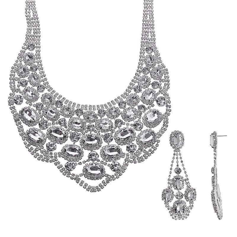 Crystal Allure Bib Necklace and Drop Earring Set, Womens, Size: 15, White