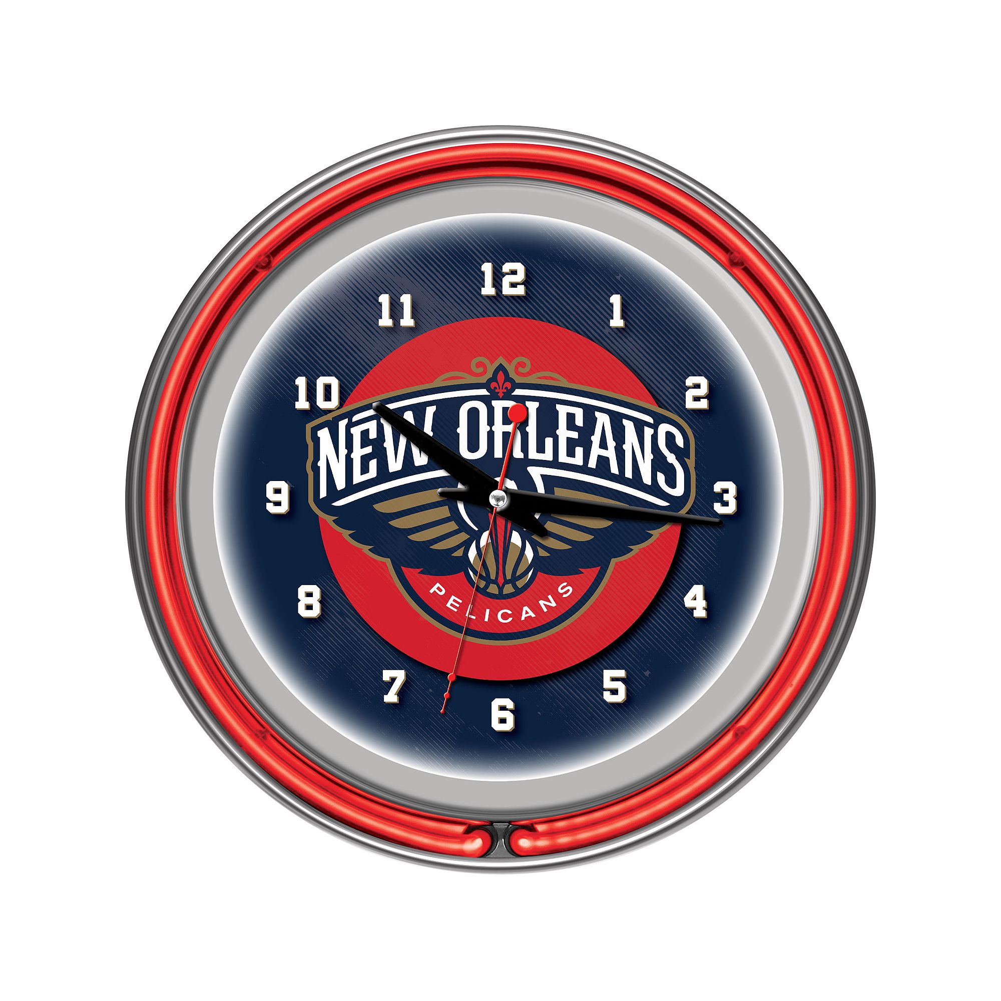 New Orleans Pelicans Chrome Double-Ring Neon Wall Clock, Pel Team
