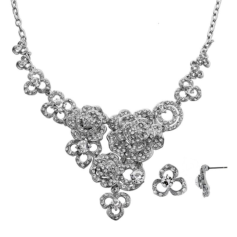 Crystal Allure Flower Bib Necklace and Stud Earring Set, Womens, Size: 16