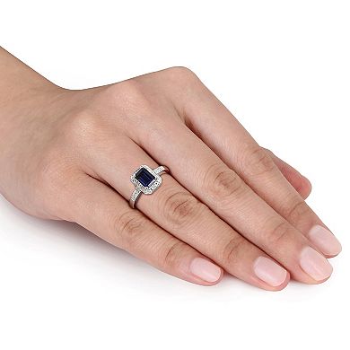 Stella Grace Sterling Silver Lab-Created Sapphire and Diamond Accent Octagonal Halo Ring