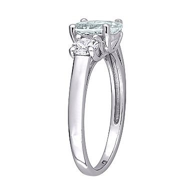 Stella Grace Sterling Silver Aquamarine and Lab-Created White Sapphire 3-Stone Ring