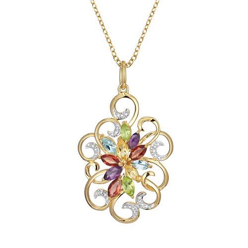 18k Gold Over Silver Gemstone & Diamond Accent Scrollwork Pendant