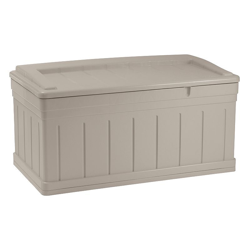 Suncast Horizontal 129 Gallon Stay Dry Outdoor Deck Storage Box Resin with Seat  Taupe  10.1 in D x 10.1 in H x 10.1 in W  47 lb