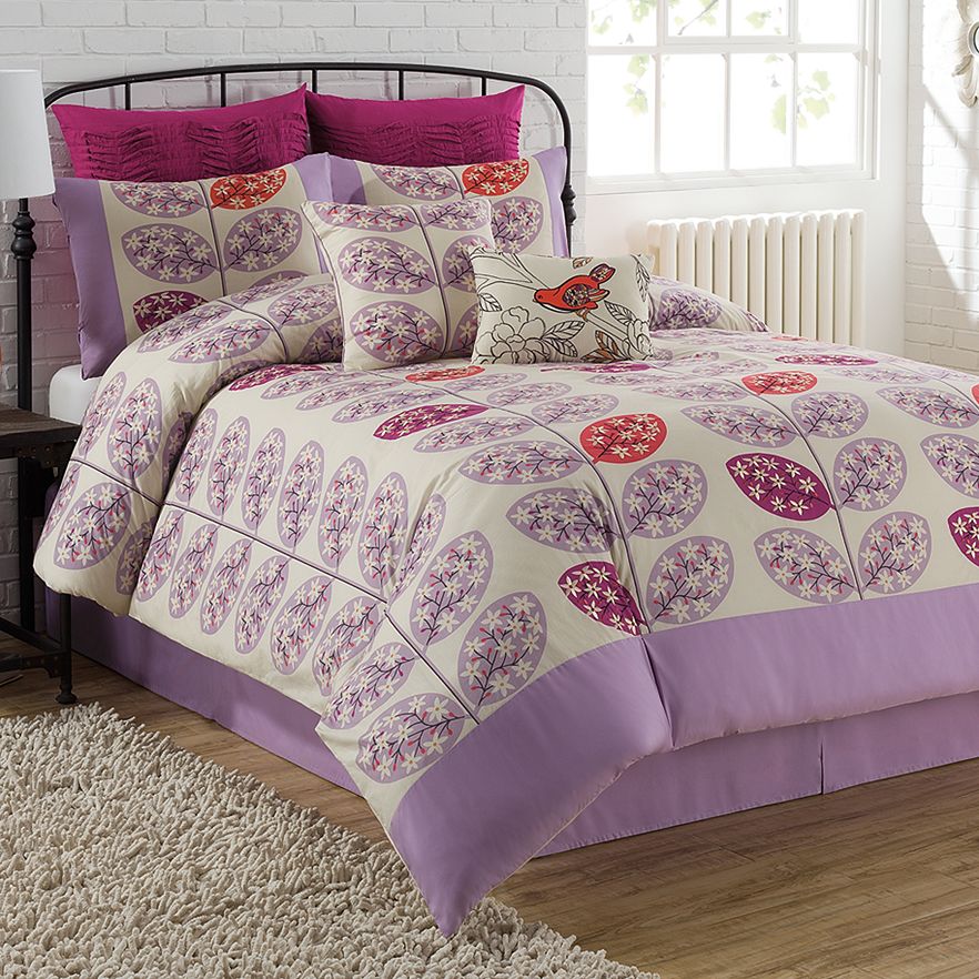 8 Pc Soho Lucia Queen Comforter Set Floral Branches Purple Ivory