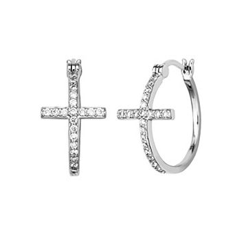 Classic Treasures Sterling Silver Cubic Zirconia Cross Hoop Earrings