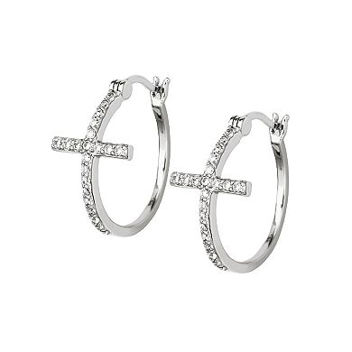 Sterling Silver Cubic Zirconia Cross Hoop Earrings