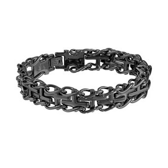 LYNX Black Ion-Plated Stainless Steel Diamond Accent Sideways Cross Railroad Bracelet - Men